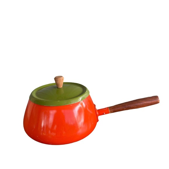 Vtg Shachi Orange Enamelware Fondue Pot W/Lid Wood Handle Mid Century Japan 5” - Picture 3 of 11